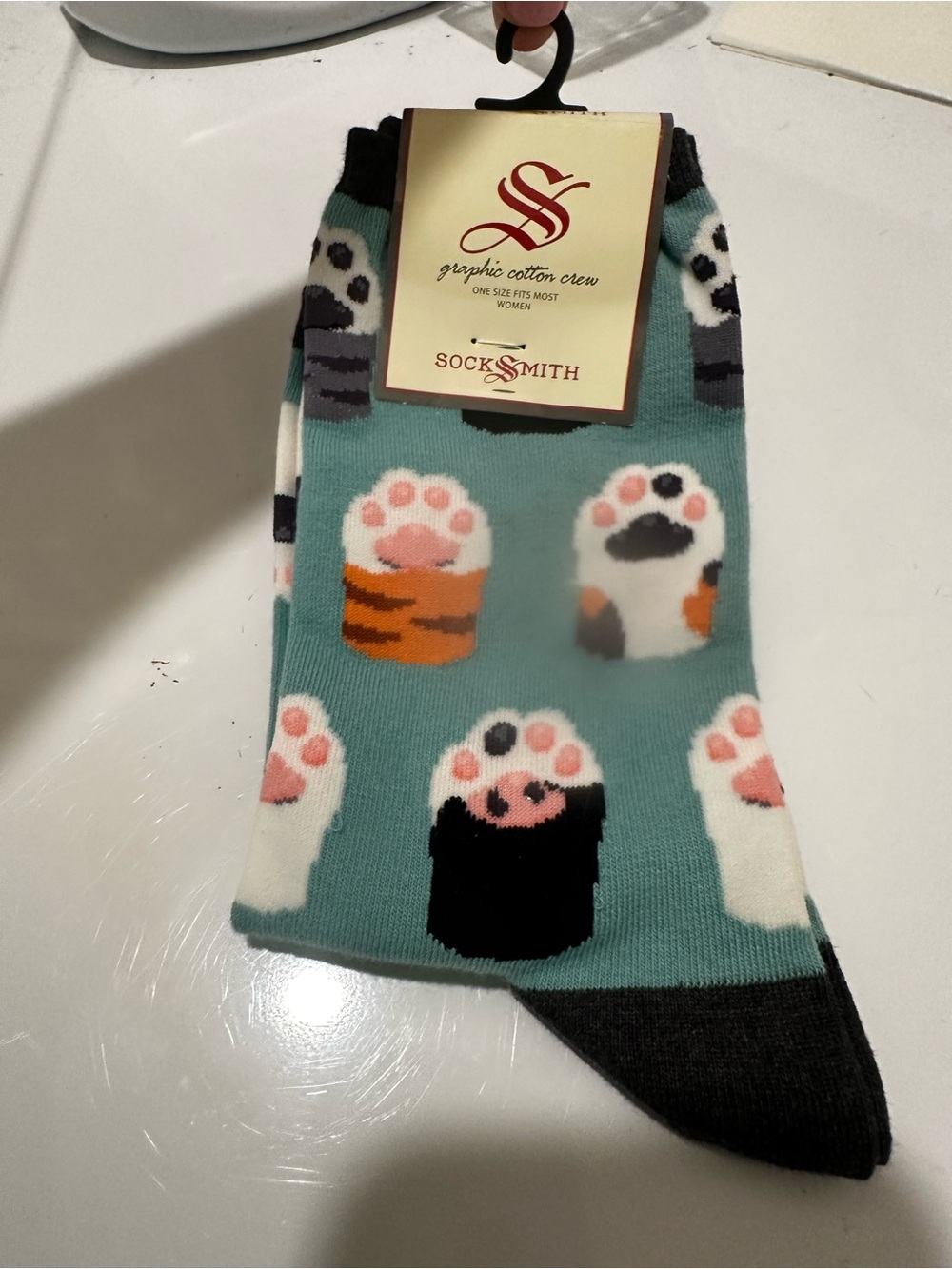 New Women's Teal Cat Paw Graphic Cotton Crew Socks
